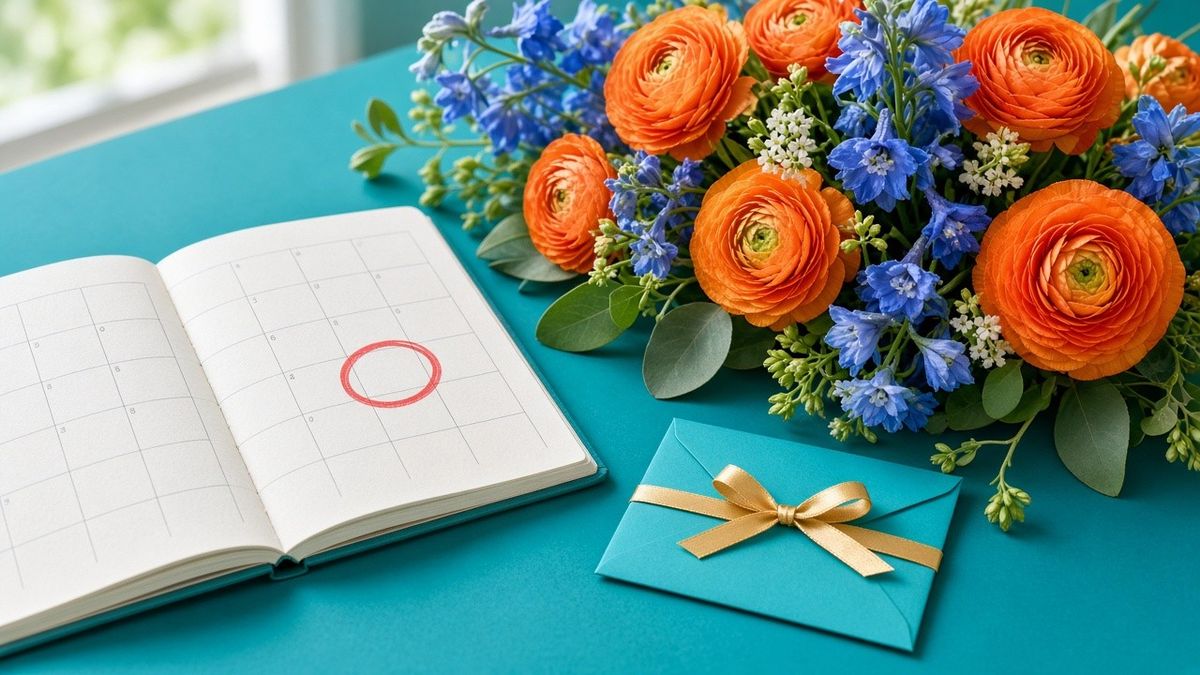 Photo : agenda avec une date entourée, bouquet de renoncules orange et de delphiniums bleus, préparer une injection de botox avant un mariage ou un événement