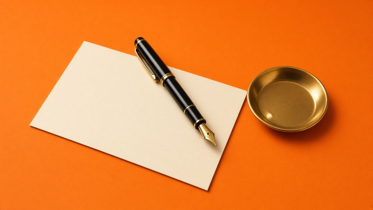 Photo : stylo plume sur une carte vierge et coupelle dorée, fond orange, prix du botox à Paris et devis écrit