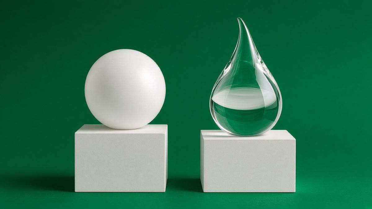 Photo : sphère blanche et goutte de verre sur deux socles, fond vert émeraude, toxine botulique ou acide hyaluronique pour la ride du lion