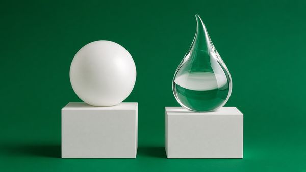 Photo : sphère blanche et goutte de verre sur deux socles, fond vert émeraude, toxine botulique ou acide hyaluronique pour la ride du lion