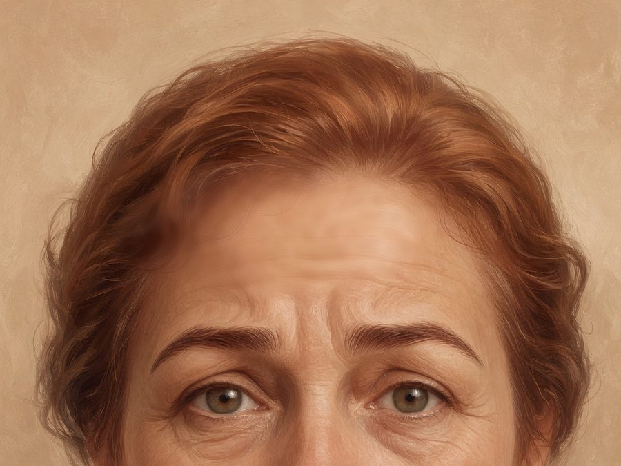 Illustration après, vers J15 : rides horizontales du front adoucies, expression conservée, femme, 45-55 ans (même illustration retouchée)