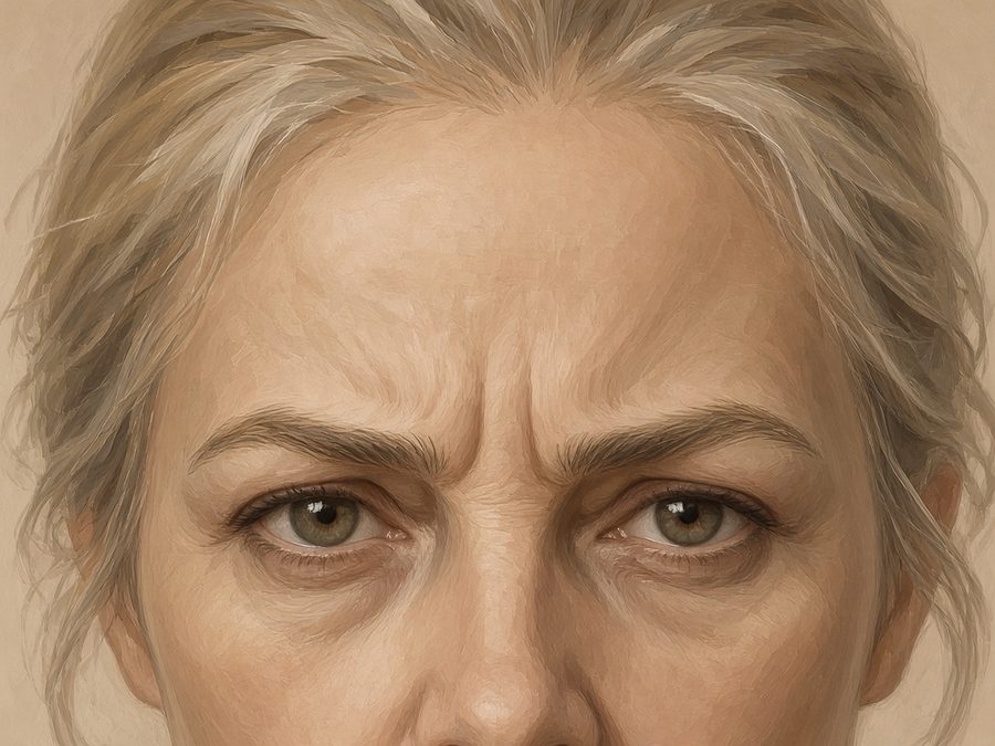 Illustration avant : plis verticaux de la ride du lion marquées en fronçant les sourcils, femme, 50-55 ans (illustration, pas un patient réel)