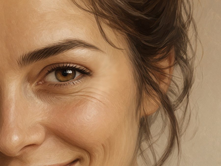 Illustration après, vers J15 : pattes d'oie au coin externe de l'œil adoucies, expression conservée, femme, 30-35 ans (même illustration retouchée)