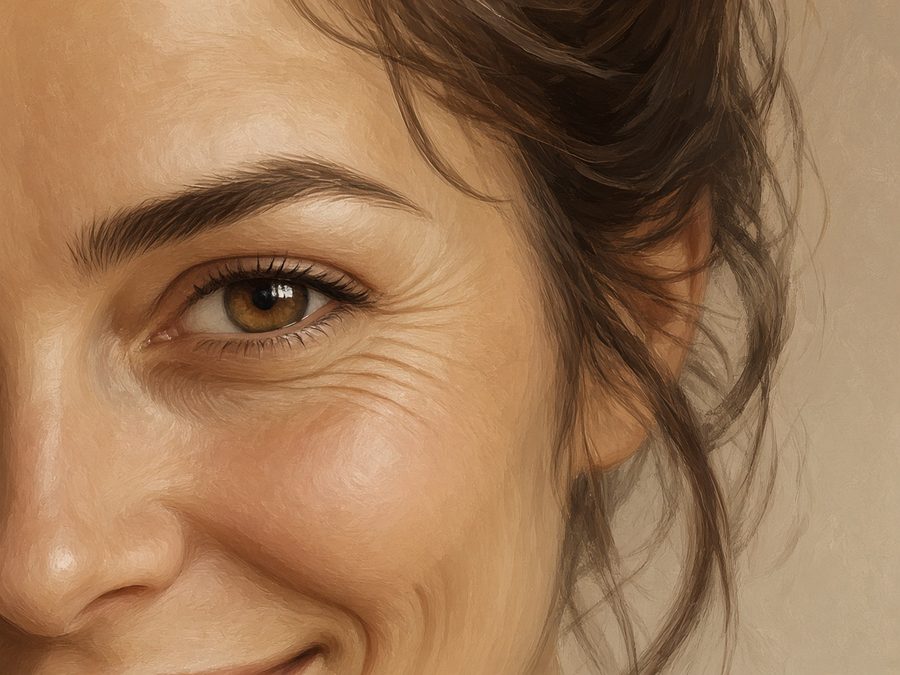 Illustration avant : pattes d'oie au coin externe de l'œil marquées au sourire, femme, 30-35 ans (illustration, pas un patient réel)