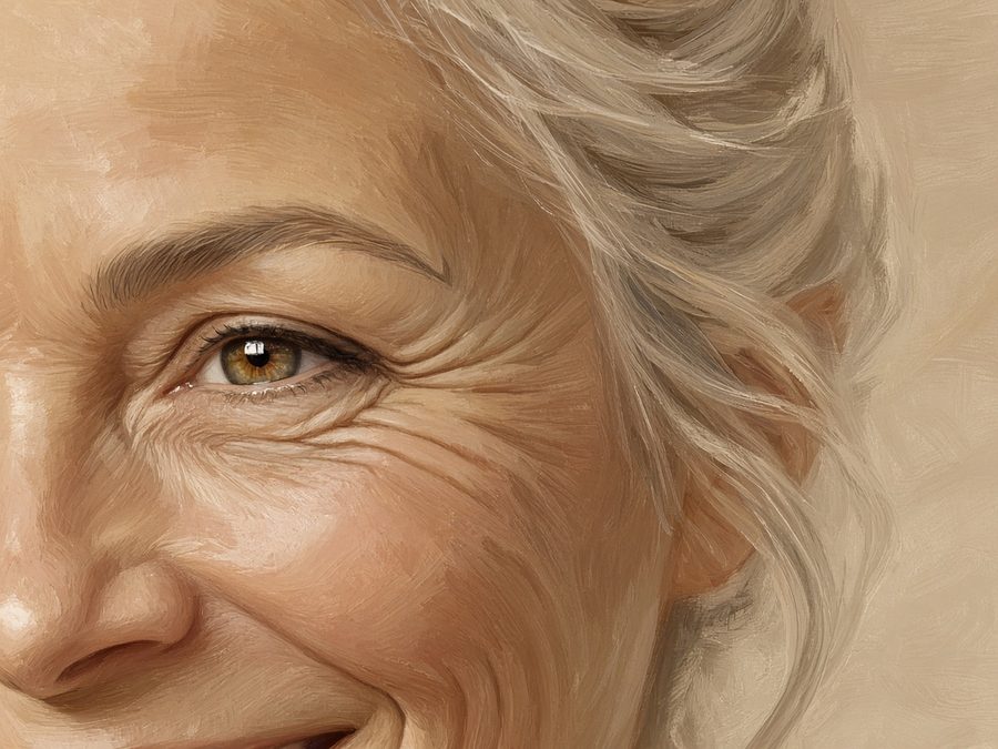 Illustration avant : pattes d'oie au coin externe de l'œil marquées au sourire, femme, 50-55 ans (illustration, pas un patient réel)