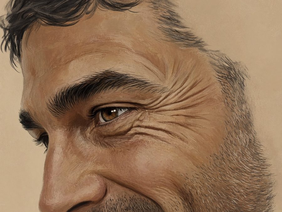 Illustration avant : pattes d'oie au coin externe de l'œil marquées au sourire, homme, 45-50 ans (illustration, pas un patient réel)